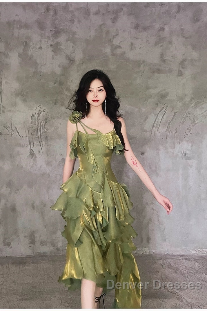 Pretty Irregular Ruffled Spaghetti Straps Green Prom Dress With Detachable Rose Long Birthday Dress For Women
