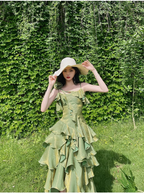 Pretty Irregular Ruffled Spaghetti Straps Green Prom Dress With Detachable Rose Long Birthday Dress For Women