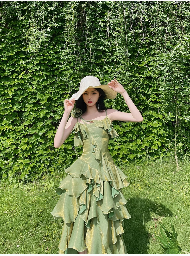 Pretty Irregular Ruffled Spaghetti Straps Green Prom Dress With Detachable Rose Long Birthday Dress For Women