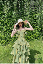 Pretty Irregular Ruffled Spaghetti Straps Green Prom Dress With Detachable Rose Long Birthday Dress For Women