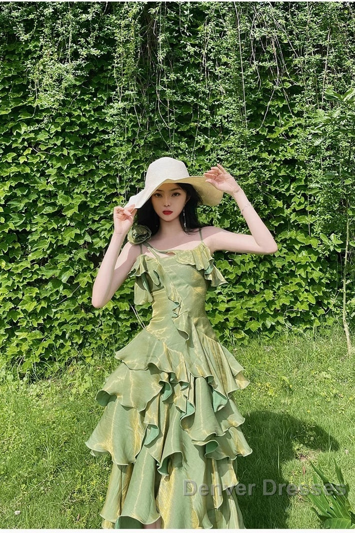 Pretty Irregular Ruffled Spaghetti Straps Green Prom Dress With Detachable Rose Long Birthday Dress For Women