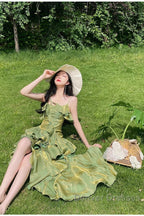 Pretty Irregular Ruffled Spaghetti Straps Green Prom Dress With Detachable Rose Long Birthday Dress For Women