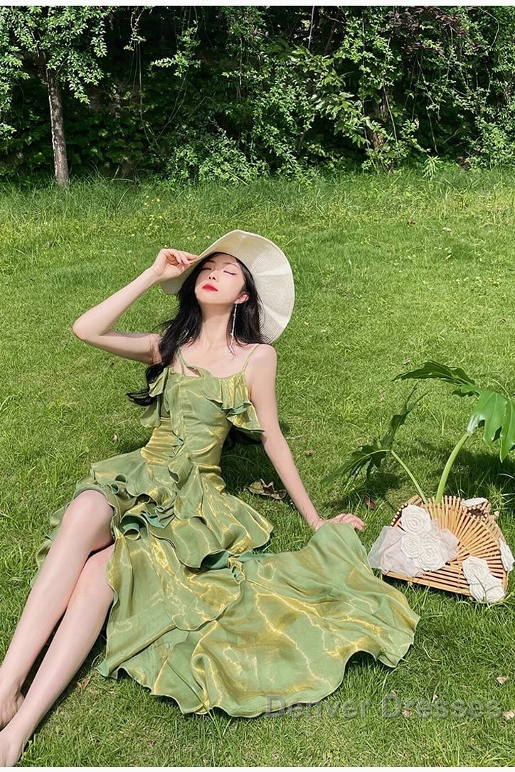 Pretty Irregular Ruffled Spaghetti Straps Green Prom Dress With Detachable Rose Long Birthday Dress For Women