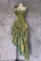 Pretty Irregular Ruffled Spaghetti Straps Green Prom Dress With Detachable Rose Long Birthday Dress For Women