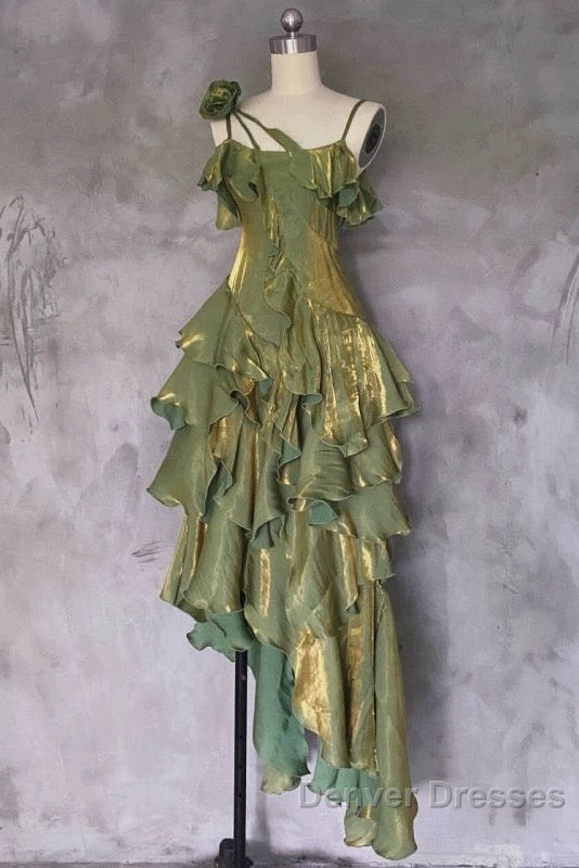 Pretty Irregular Ruffled Spaghetti Straps Green Prom Dress With Detachable Rose Long Birthday Dress For Women