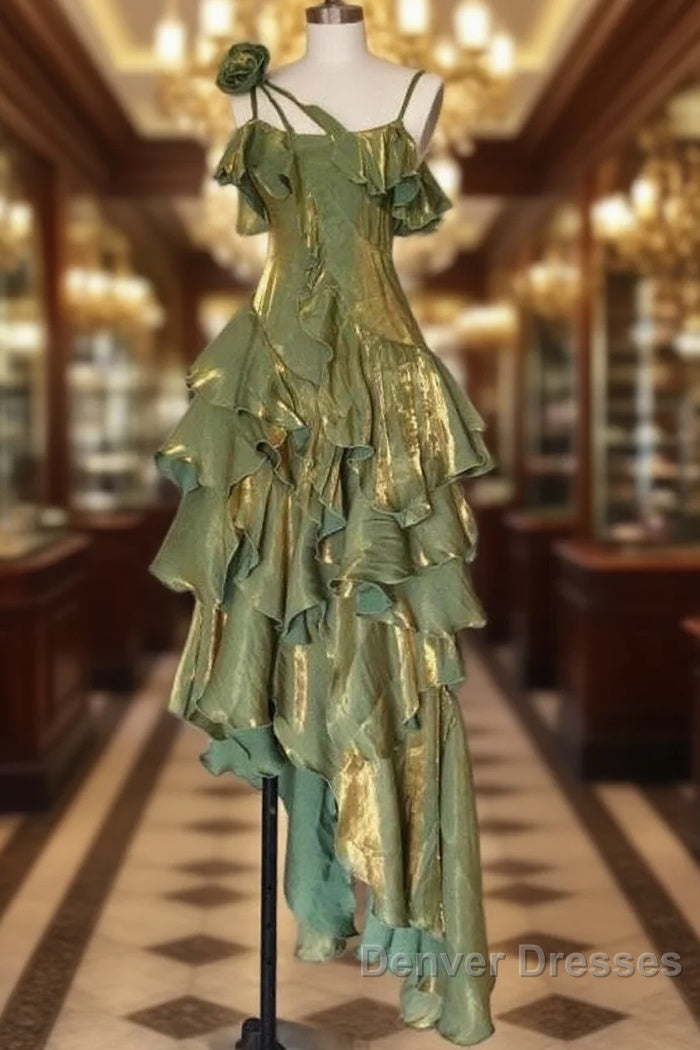 Pretty Irregular Ruffled Spaghetti Straps Green Prom Dress With Detachable Rose Long Birthday Dress For Women
