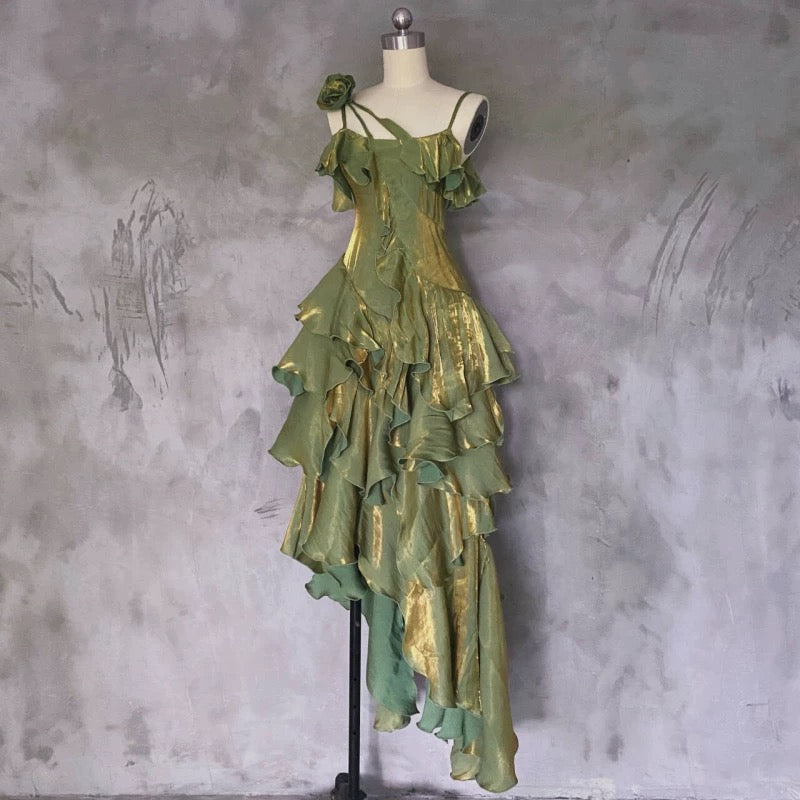 Pretty Irregular Ruffled Spaghetti Straps Green Prom Dress With Detachable Rose Long Birthday Dress For Women Main image