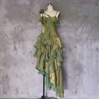 Pretty Irregular Ruffled Spaghetti Straps Green Prom Dress With Detachable Rose Long Birthday Dress For Women