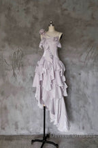 Pretty Irregular Ruffled Suspender Prom Dress With Detachable Rose Long Birthday Dress For Women