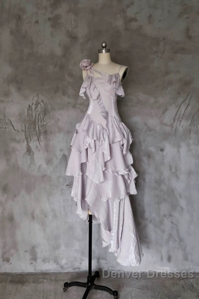 Pretty Irregular Ruffled Suspender Prom Dress With Detachable Rose Long Birthday Dress For Women