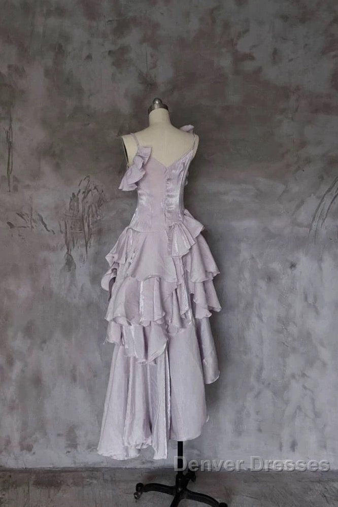 Pretty Irregular Ruffled Suspender Prom Dress With Detachable Rose Long Birthday Dress For Women