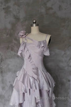 Pretty Irregular Ruffled Suspender Prom Dress With Detachable Rose Long Birthday Dress For Women