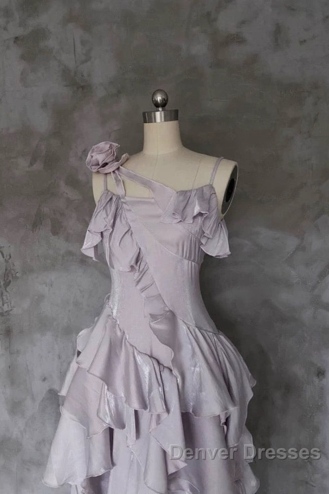Pretty Irregular Ruffled Suspender Prom Dress With Detachable Rose Long Birthday Dress For Women