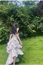 Pretty Irregular Ruffled Suspender Prom Dress With Detachable Rose Long Birthday Dress For Women