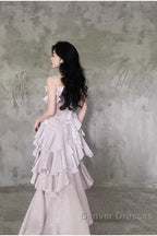 Pretty Irregular Ruffled Suspender Prom Dress With Detachable Rose Long Birthday Dress For Women