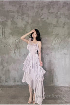 Pretty Irregular Ruffled Suspender Prom Dress With Detachable Rose Long Birthday Dress For Women