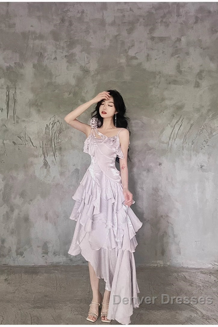 Pretty Irregular Ruffled Suspender Prom Dress With Detachable Rose Long Birthday Dress For Women