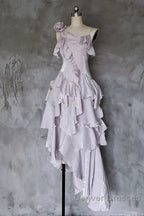 Pretty Irregular Ruffled Suspender Prom Dress With Detachable Rose Long Birthday Dress For Women