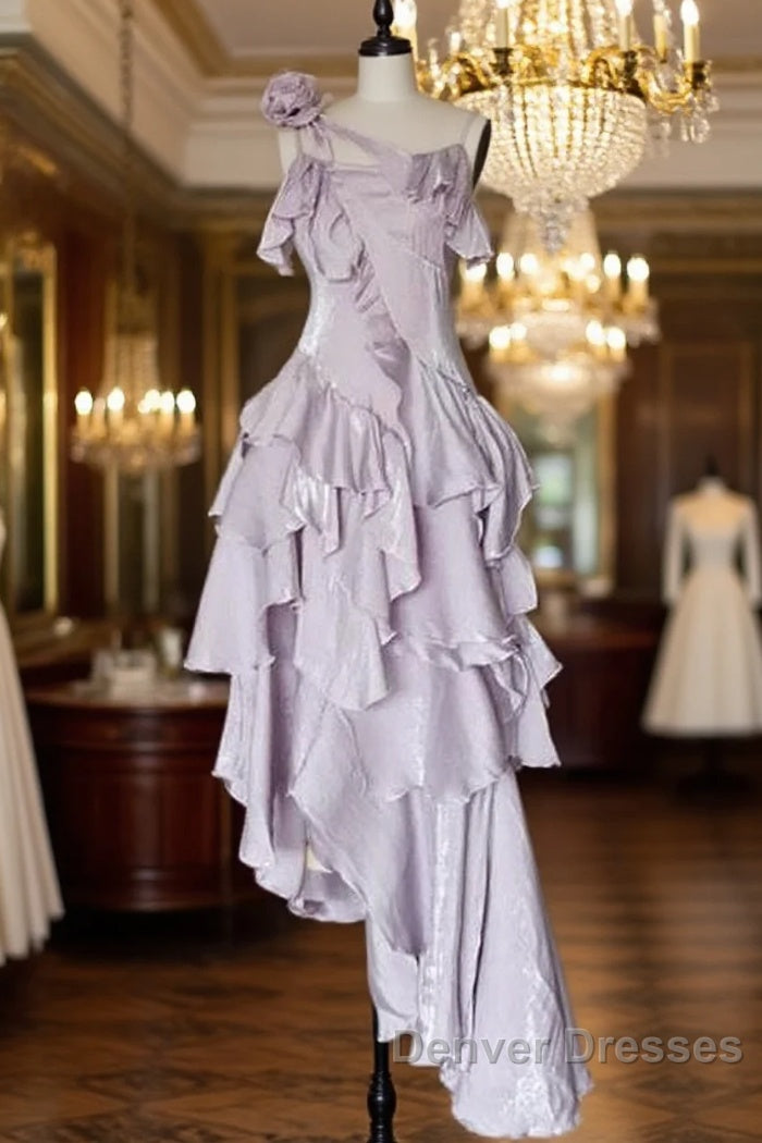 Pretty Irregular Ruffled Suspender Prom Dress With Detachable Rose Long Birthday Dress For Women Main image