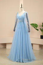 Pretty Light Blue A-Line Puffy Sleeves Party Dress, Light Blue Evening Dress Prom Dress