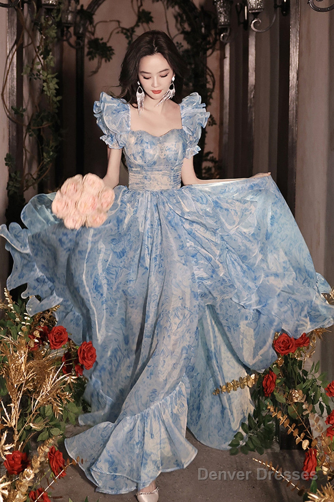 Pretty Light Blue Floral Short Sleeves Long Prom Dress, Light Blue Evening Dress Main image