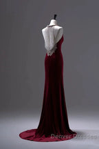Pretty Mermaid Burgundy Velvet Long Backless Evening Dress Prom Dress