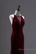 Pretty Mermaid Burgundy Velvet Long Backless Evening Dress Prom Dress