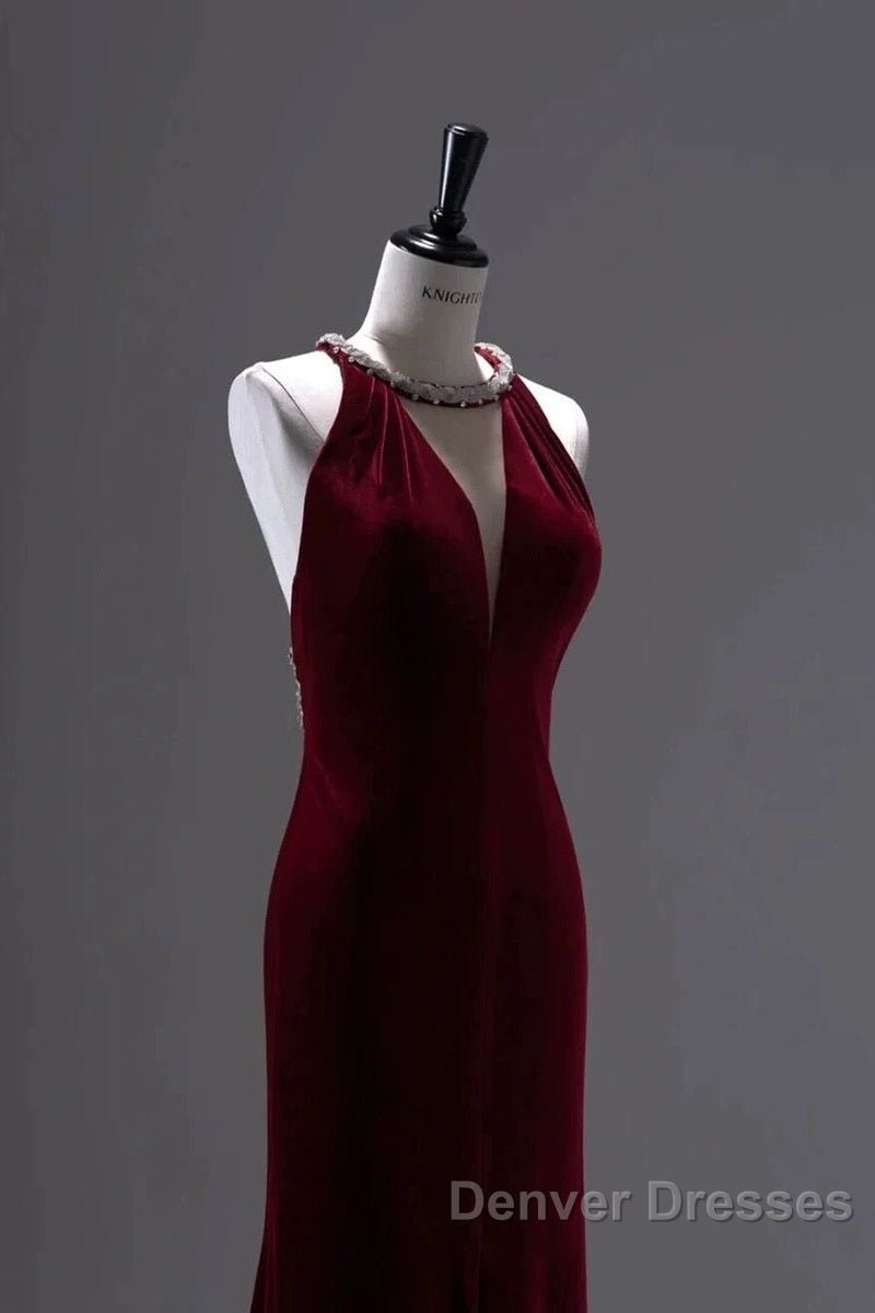 Pretty Mermaid Burgundy Velvet Long Backless Evening Dress Prom Dress