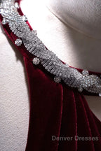 Pretty Mermaid Burgundy Velvet Long Backless Evening Dress Prom Dress