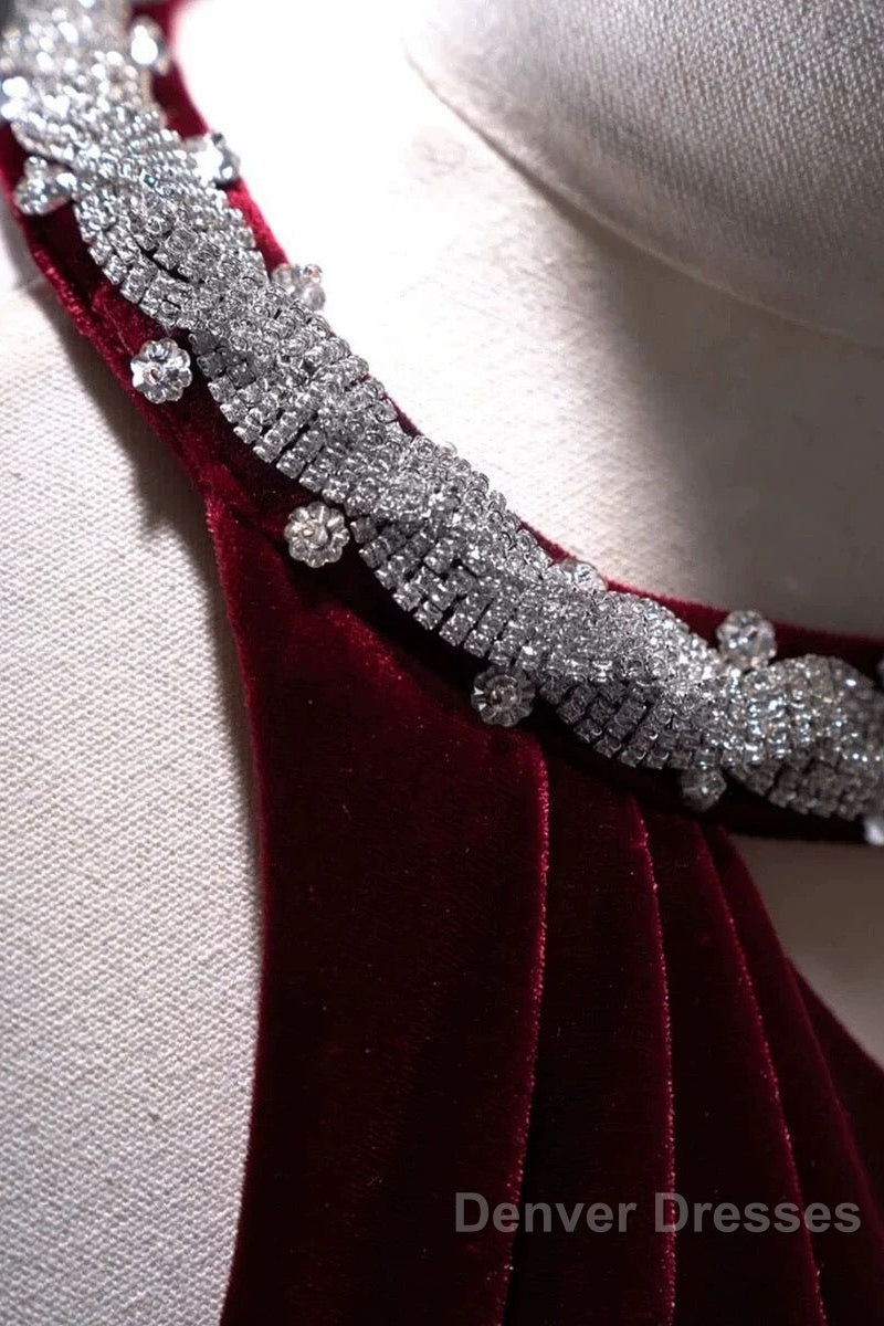 Pretty Mermaid Burgundy Velvet Long Backless Evening Dress Prom Dress