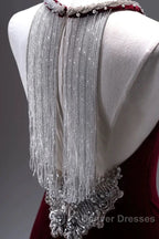 Pretty Mermaid Burgundy Velvet Long Backless Evening Dress Prom Dress