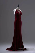 Pretty Mermaid Burgundy Velvet Long Backless Evening Dress Prom Dress
