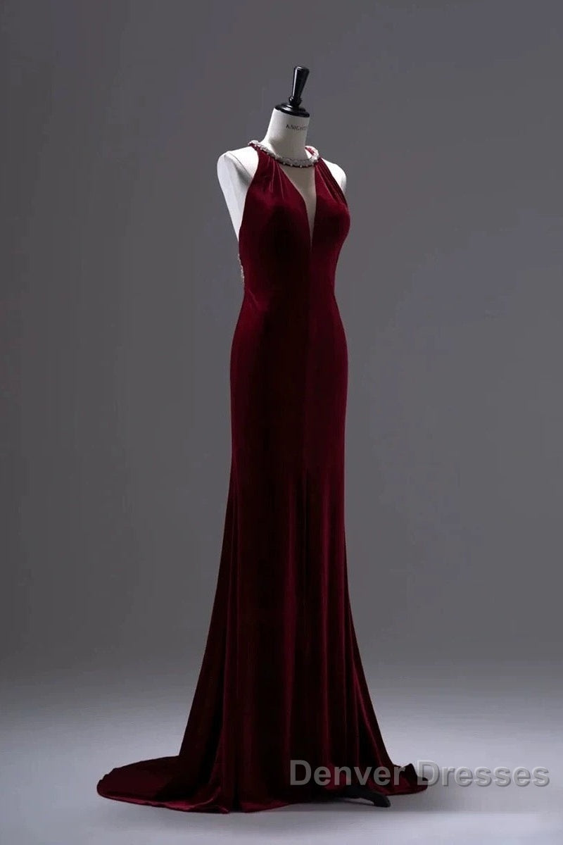 Pretty Mermaid Burgundy Velvet Long Backless Evening Dress Prom Dress