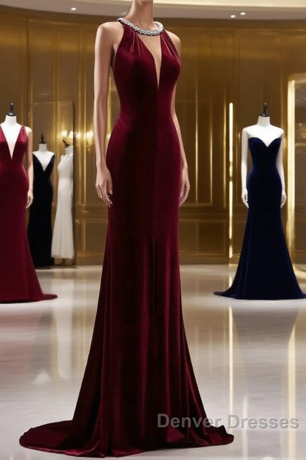 Pretty Mermaid Burgundy Velvet Long Backless Evening Dress Prom Dress