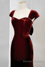 Pretty Mermaid Burgundy Velvet Slit Evening Dress Prom Dress
