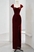 Pretty Mermaid Burgundy Velvet Slit Evening Dress Prom Dress