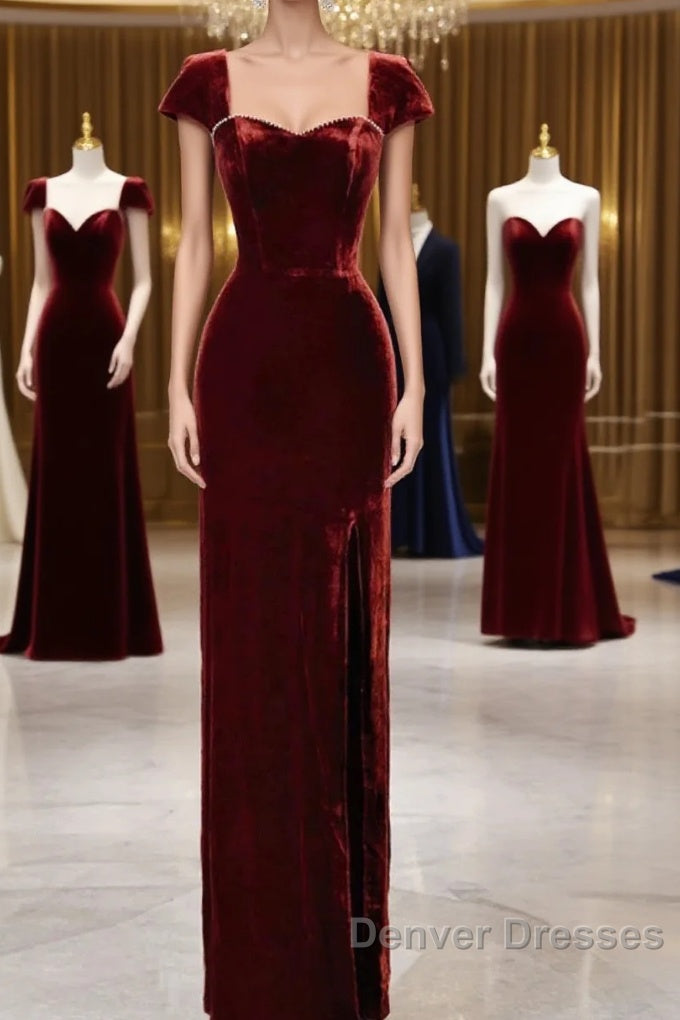 Pretty Mermaid Burgundy Velvet Slit Evening Dress Prom Dress Main image