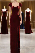 Pretty Mermaid Burgundy Velvet Slit Evening Dress Prom Dress