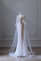 Pretty Mermaid Long Sleeves Pink Prom Dress Evening Gowns