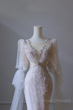 Pretty Mermaid Long Sleeves Pink Prom Dress Evening Gowns