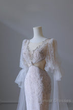 Pretty Mermaid Long Sleeves Pink Prom Dress Evening Gowns