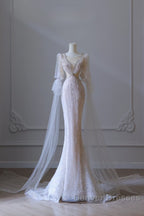 Pretty Mermaid Long Sleeves Pink Prom Dress Evening Gowns