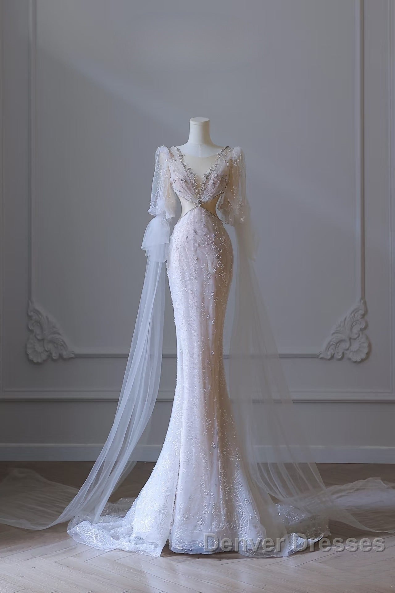 Pretty Mermaid Long Sleeves Pink Prom Dress Evening Gowns