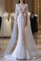 Pretty Mermaid Long Sleeves Pink Prom Dress Evening Gowns