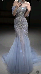 Pretty Mermaid Off The Shoulder Blue Tulle Silver Beads Long Prom Dress Formal Evening Dress