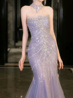 Pretty Mermaid Off The Shoulder Blue Tulle Silver Beads Long Prom Dress Formal Evening Dress