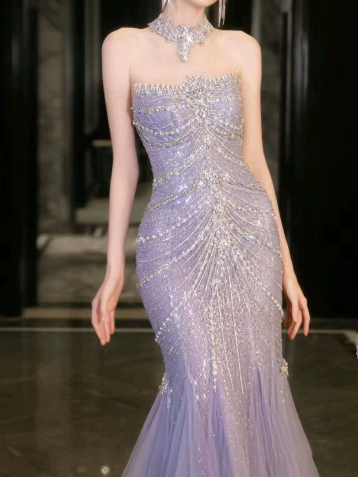 Pretty Mermaid Off The Shoulder Blue Tulle Silver Beads Long Prom Dress Formal Evening Dress