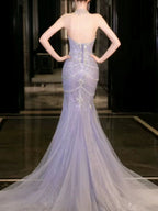 Pretty Mermaid Off The Shoulder Blue Tulle Silver Beads Long Prom Dress Formal Evening Dress