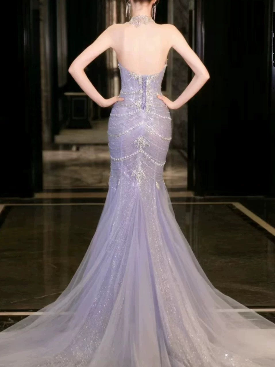 Pretty Mermaid Off The Shoulder Blue Tulle Silver Beads Long Prom Dress Formal Evening Dress
