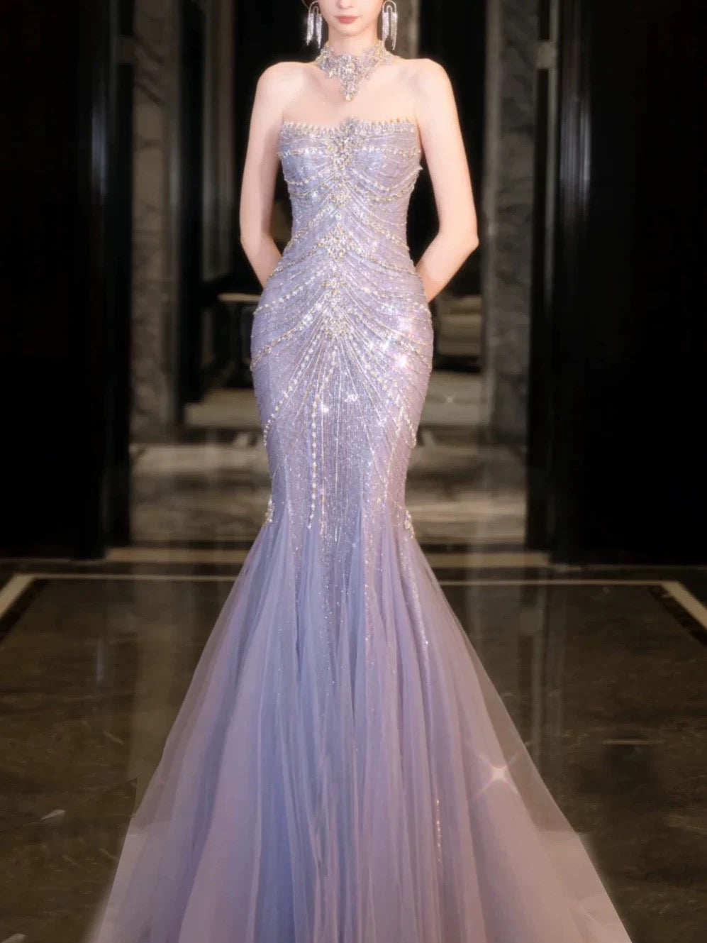 Pretty Mermaid Off The Shoulder Blue Tulle Silver Beads Long Prom Dress Formal Evening Dress